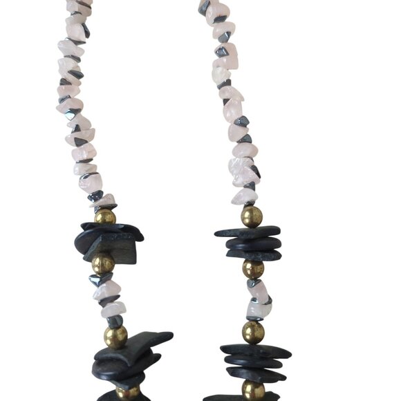 Vintage Harlequin Face Ceramic Pendant Necklace Pink and black stone & wood‎ 25" - Picture 9 of 16